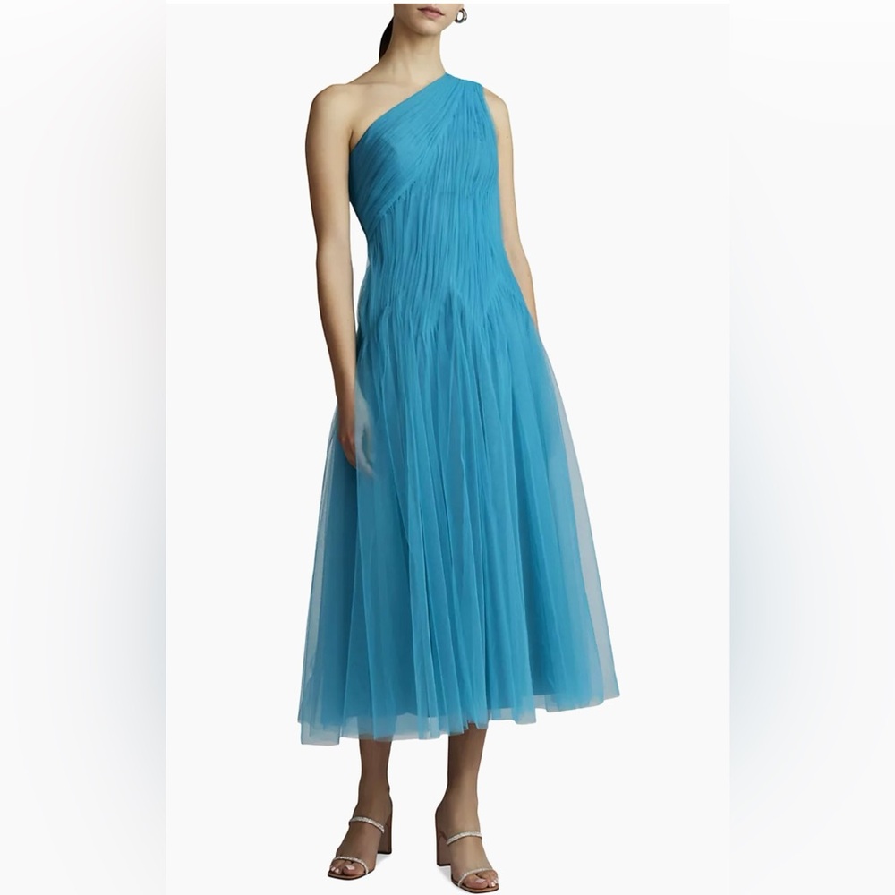 Zac Posen One-Shoulder Tulle Midi-Dress Color Peacock NWT - Picture 2 of 8
